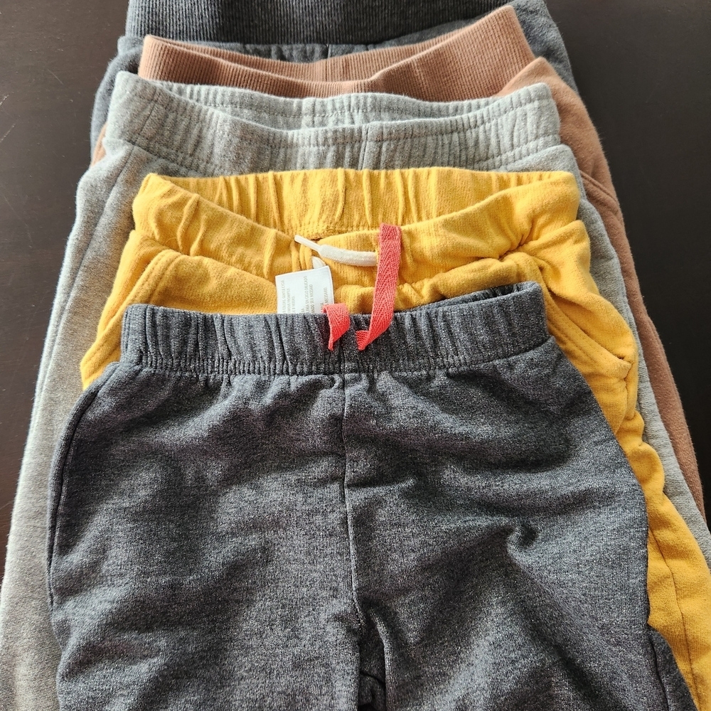 Various Brands Lot Of 5 Kids Joggers in Gray, Yellow, and Brown.